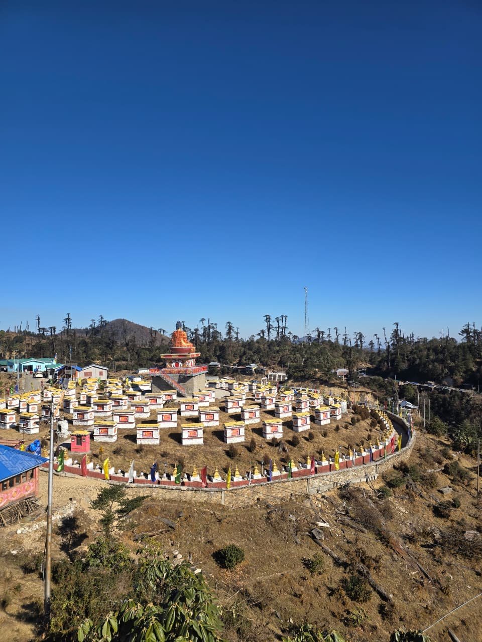 108 chortens Buddha park under a blue sky, Tawang