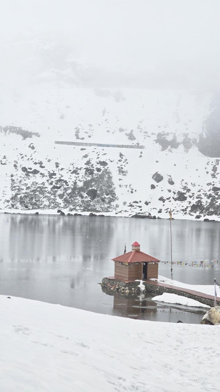 Snowfall at the Sela Lake shrine near Tawang